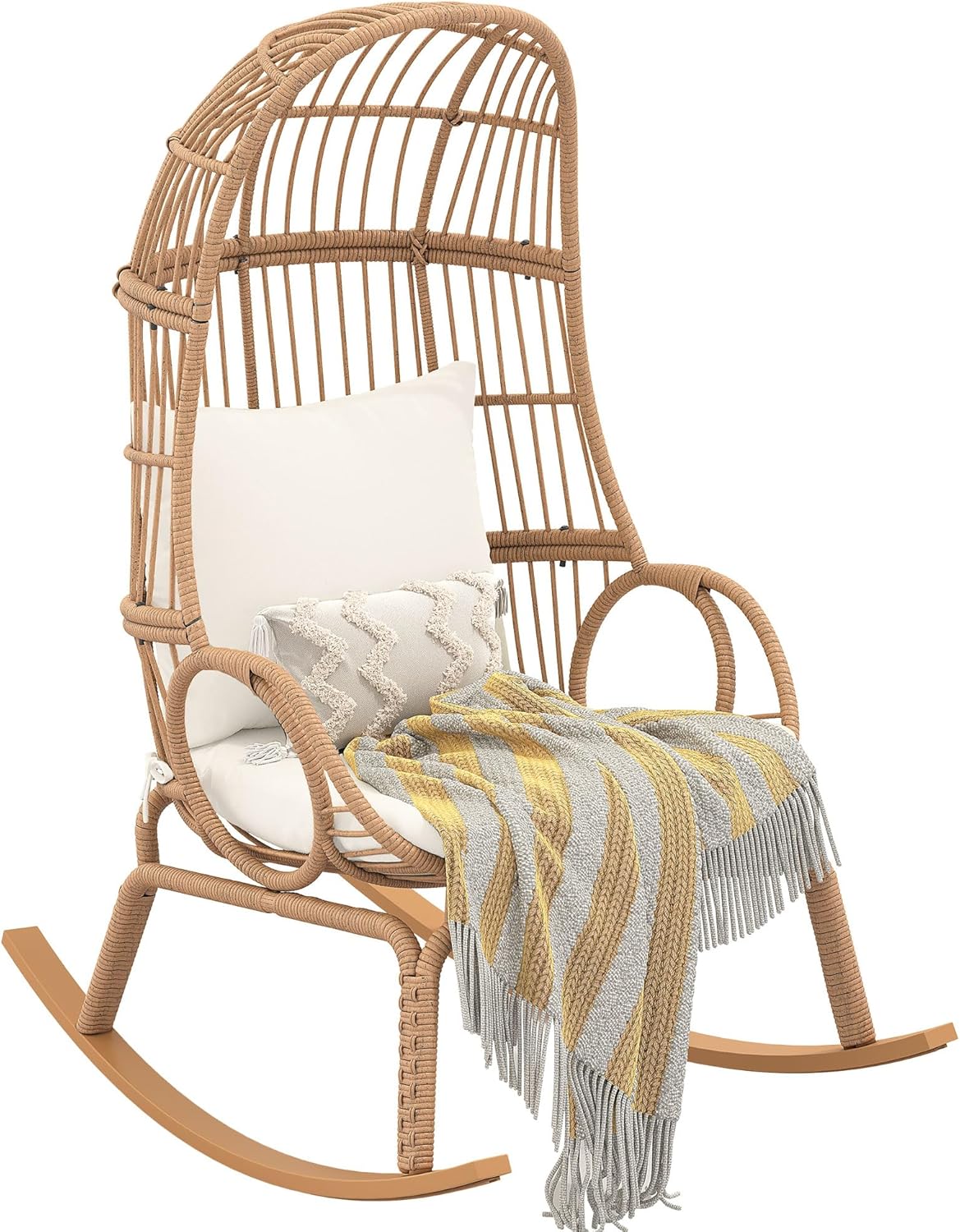 YITAHOME Rocking Egg Chair Outdoor, 370lbs Capacity Wicker Patio Basket Chair, All-Weather Small Egg Lounger Chair for Indoor Outside (Beige)