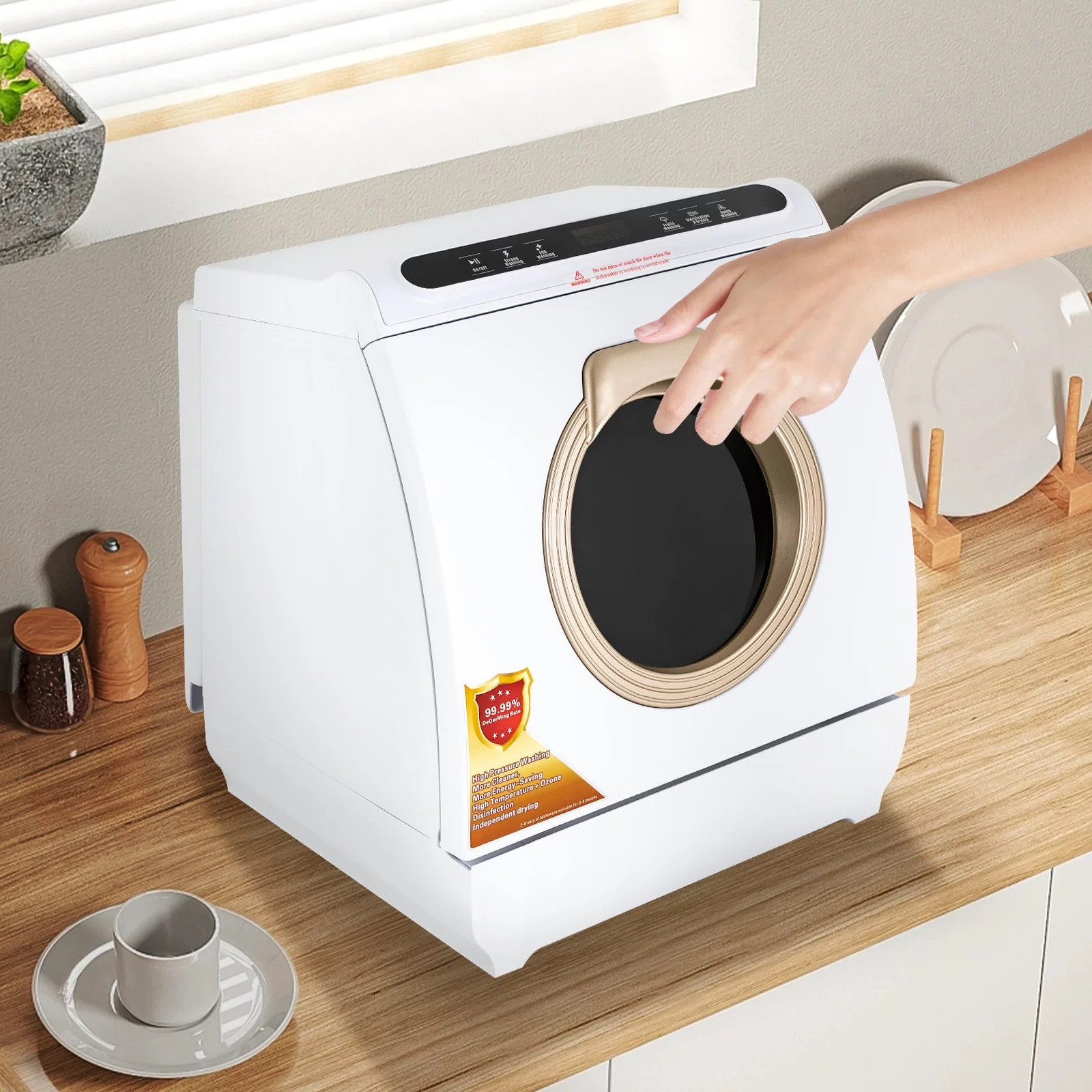 Aiqidi Portable Countertop Dishwasher, 900W White Compact Dish Washing Machine 360° 5 Washing Programs Drying Dish Washer Set