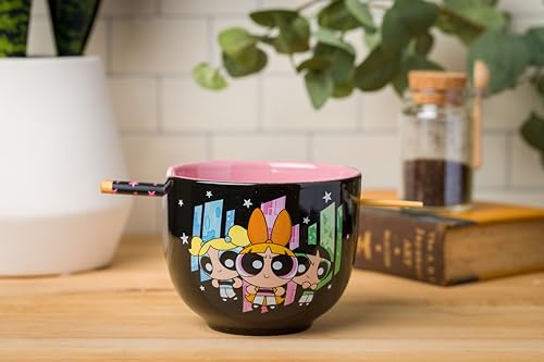 Silver Buffalo Sanrio Hello Kitty Strawberry Milk Japanese Character Ceramic Ramen Noodle Rice Bowl with Chopsticks, Microwave Safe, Pink, 20 Ounces
