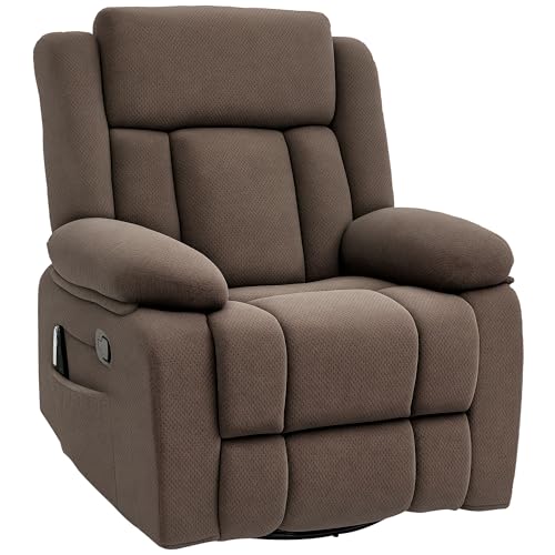 HOMCOM Recliner Chair with Vibration Massage and Heat, Oversized Swivel Rocker Single Sofa with Footrest, Remote and Side Pockets, Velvet Fabric Manual Reclining Chair for Living Room, Brown