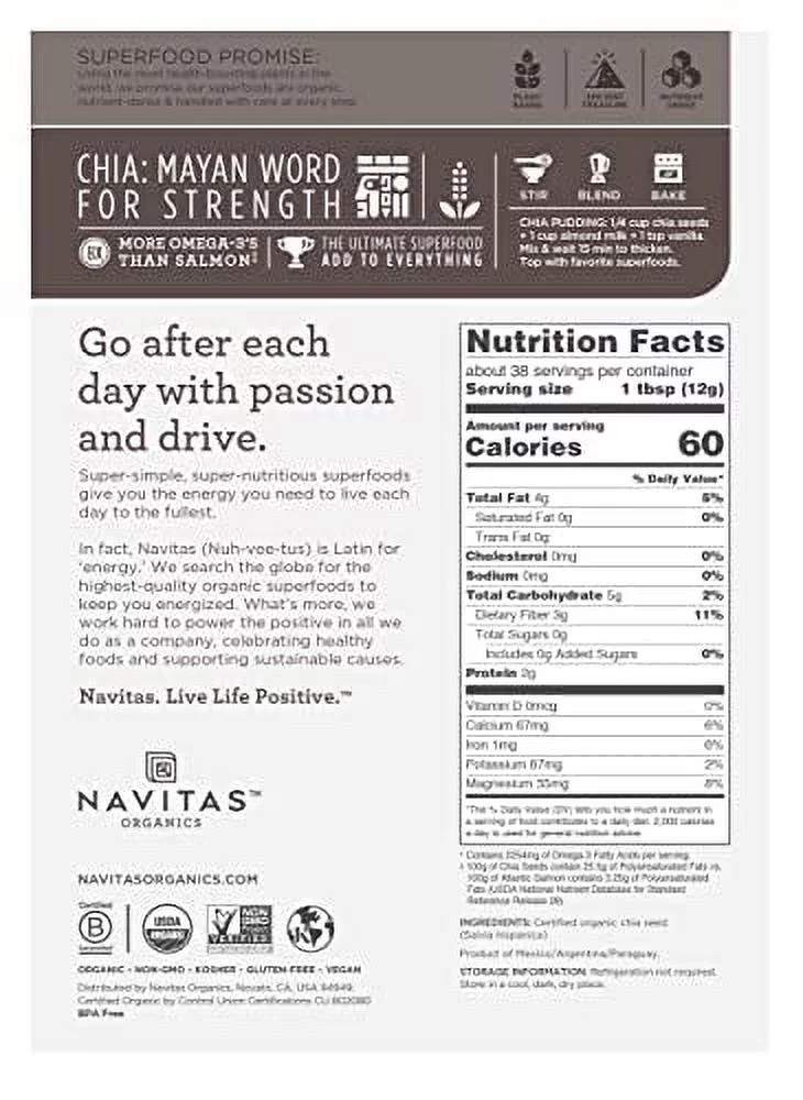Navitas Organics Chia Seeds, 16 oz. Bag, 38 Servings - Organic, Non-GMO, Gluten-Free