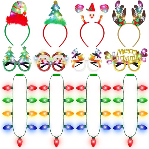 Blowata Christmas Party Favors, 3PCS Light Up Christmas Necklace Headband Glasses Set, Xmas Bulb Necklace Xmas Tree Lights Holiday Headbands LED Flashing Santa Eyeglasses Bulk for Xmas Gift