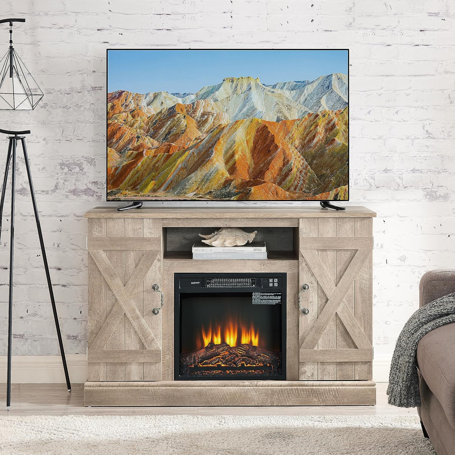 LANTRO JS Electric Fireplace TV Stand Tv Stands for Living Room with Fireplace Entertainment Center with Fireplace with 18inch Fireplace Insert for TV up to 50inch Light Gray