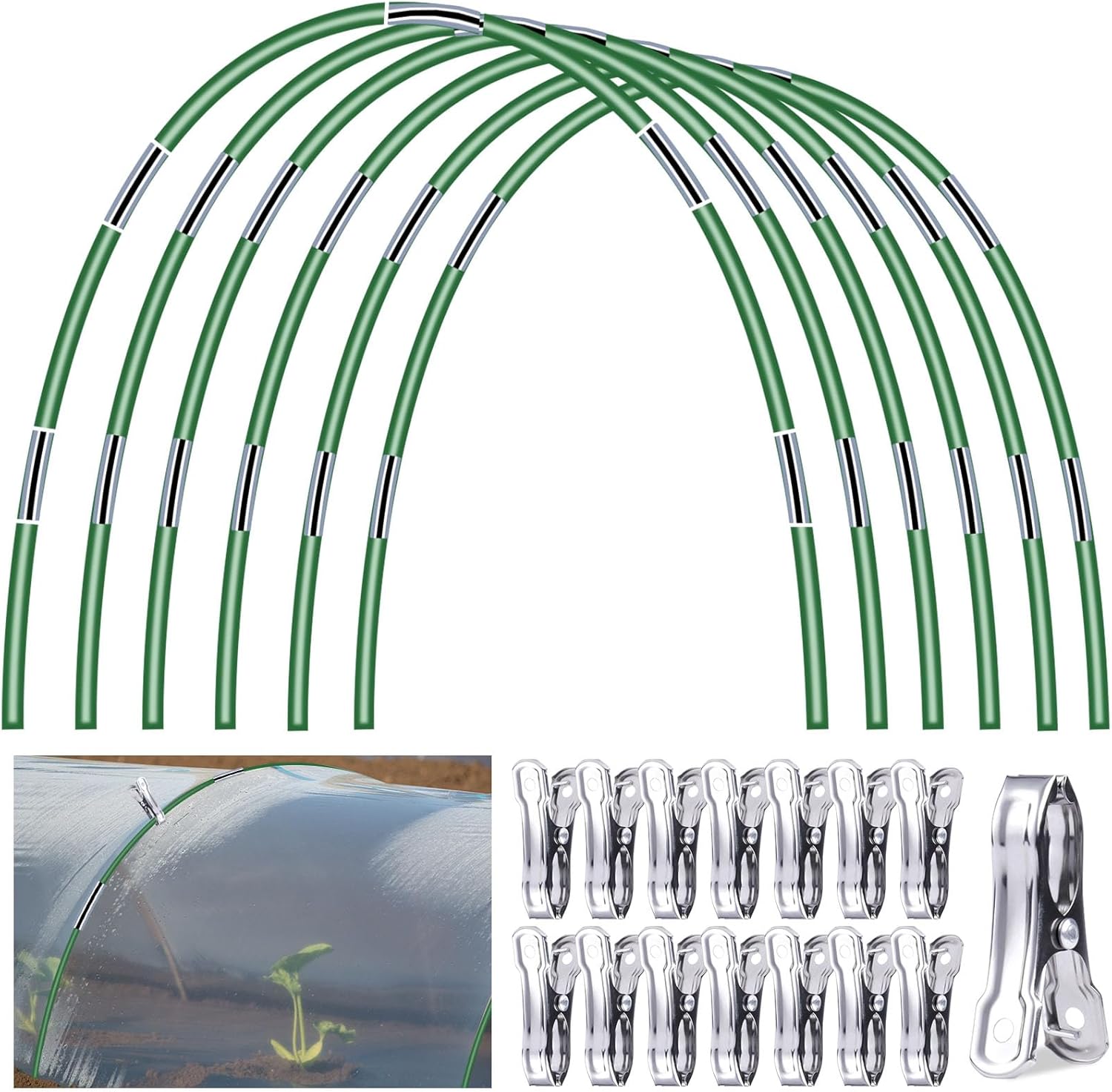 Garden Hoops Grow Tunnel, 6 Sets 8 FT Long Greenhouse Hoops for Raised Beds, Hoop House Outdoor, 36 Pcs Garden Tunnel Hoops for Row Garden Covers, Fiberglass Frame Plant Hoops for for Fabric Netting