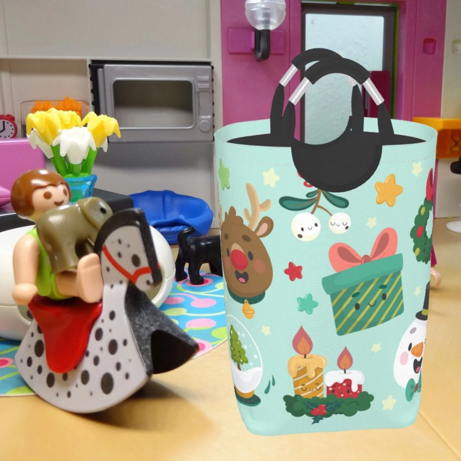 XMXT Collapsible Laundry Basket Hamper, Christmas Snowman Elk Cartoon Print Large Laundry Bag Clothes Hamper with Aluminum Handle, 50L