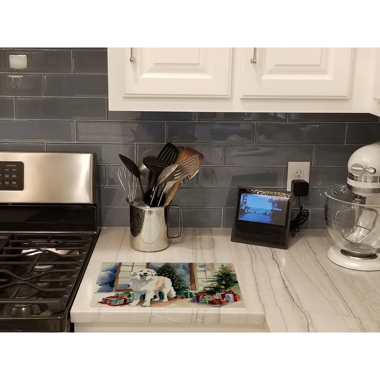 Great Pyrenees Cozy Christmas Glass Cutting Board Large 12 in x 15 in