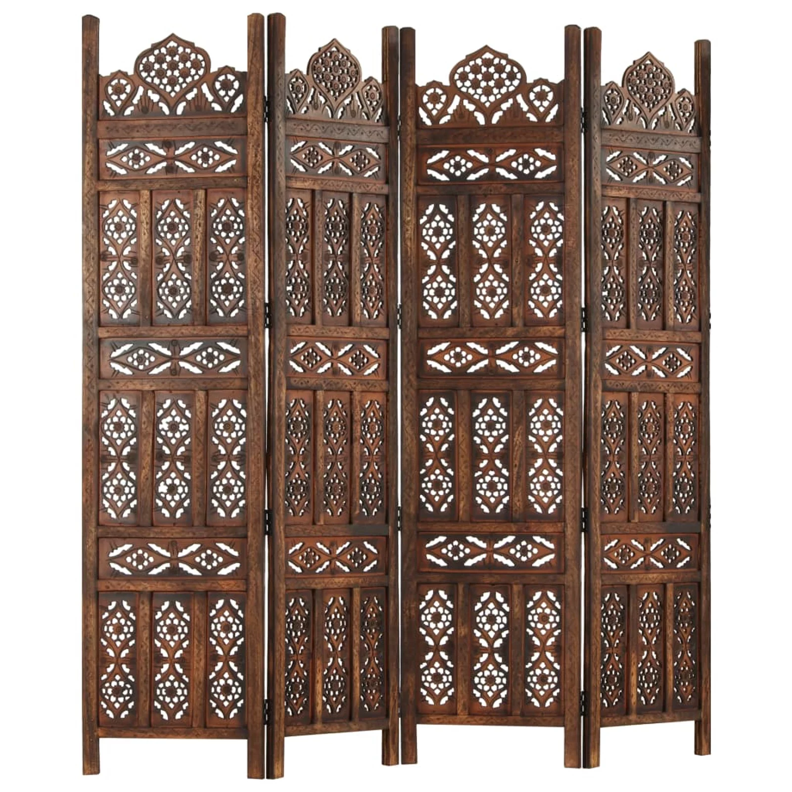 Anself Hand Carved 4-Panel Room Divider Freestanding Room Partition Panel Folding Screen Mango Wood Brown for Bedroom, Bathroom, Living Room, Dining Room, Home Furniture 63 x 65 Inches (W x H)