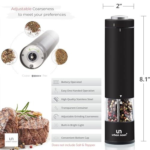 Electric Salt and Pepper Grinder Set - Battery Operated Stainless Steel Mill with Light (2 Black Mills) - Automatic One Handed Operation - Electronic Adjustable Shakers - Ceramic Grinders