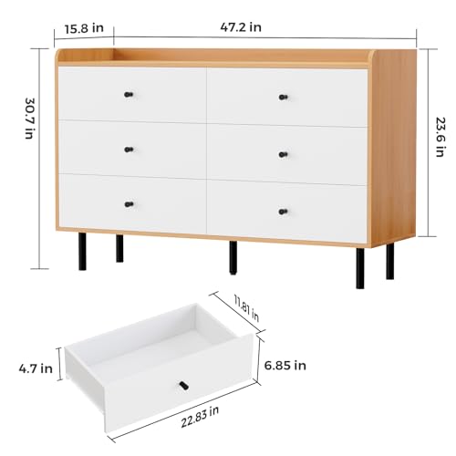 White Nursery Dresser for Bedroom with 6 Drawers, Modern Wood 6 Drawer Dresser with Black Knobs, Chest of Drawers for Nursery, Living Room, Closet, Entryway, Hallway (White+Wood)
