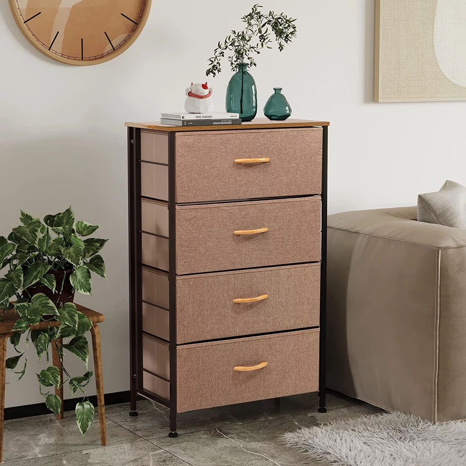 Vertical Fabric 4 Drawer Storage Dresser Tower Organizer Unit for Bedroom Gray