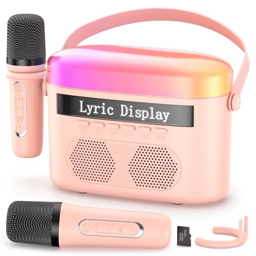 Karaoke Machine for Kids & Adults with Lyrics Display Screen Portable Bluetooth 5.3 Karaoke Speaker with High Power Dual Speakers with Timer White Noise & Night Light Home & Outdoor Party (Pink)