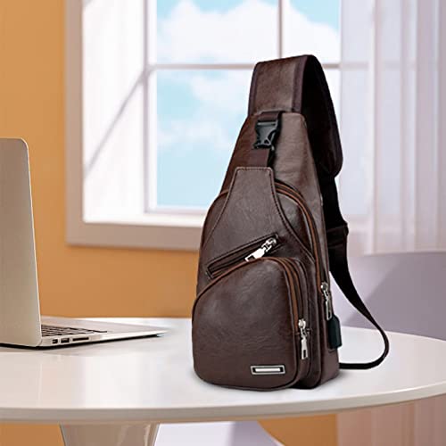 Crossbody Sling Bag,Men Women Waterproof Leather Sling Backpack Bag USB Charging,Small Chest Bag with Earphone Hole