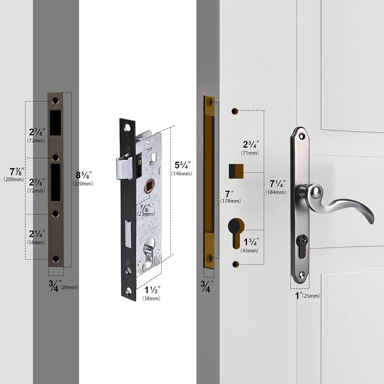 Solid Brass Lever Handle Mortise Lock Set for Screen/Storm Door Replacement, Only for Left-hinged Outswing Door(View from Outside) of 1 in. Or 1.38 in. Thickness, Brushed Polished Brass
