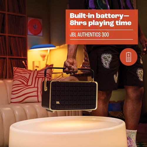 JBL Authentics 200 - Retro Style Smart Home Speaker with Built in Wi-Fi, Bluetooth and Voice Assistants, Alexa and Google Assistant, Multi-Room Playback, Automatic self tuning (Black/Gold)