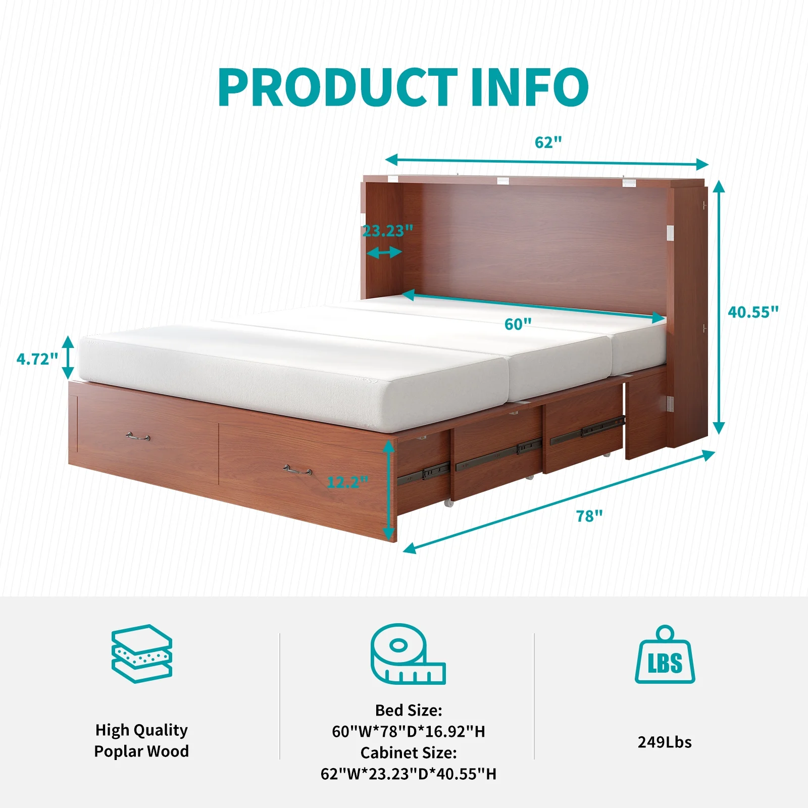 BALUS Queen Murphy Bed Cabinet, Modern Cabinet Chest Bed with Charging Station, Space-Saving Cube Murphy Bed with Folding Memory Foam Mattress & Large Storage Drawer for Bedroom（Red）