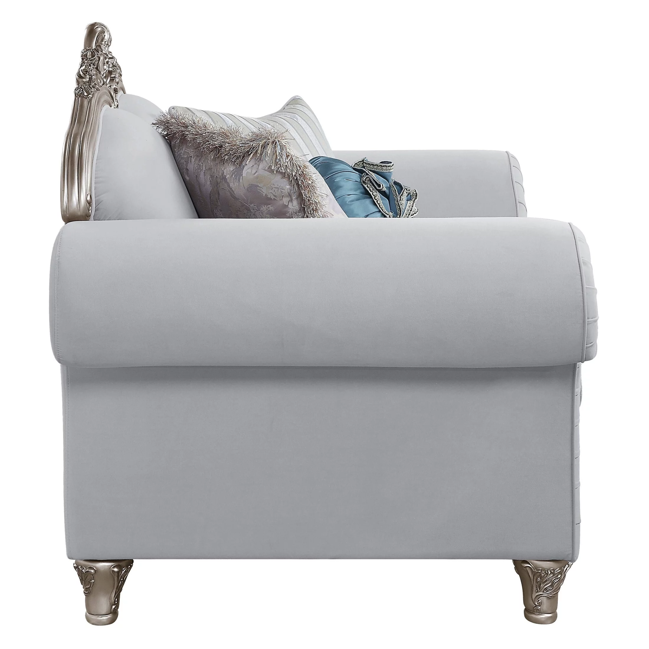 ACME Pelumi Rolled Flared Arms Loveseat with 5 Pillows in Light Gray Linen