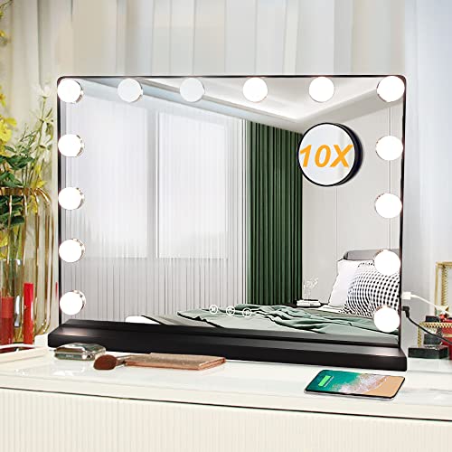Depuley Hollywood Vanity Mirror Light, 20In Makeup Lighted Vanity Mirror, USB Outlet for Mobile Phone, 3 Color Dimmable Modes Beauty Mirror with Removable Magnification for Tabletop, Black