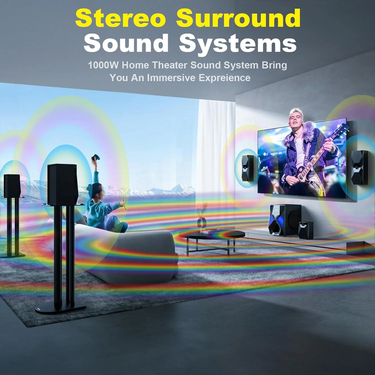 Home Theater Systems Surround Sound System for TV - 1000 Watts 8-Inch Subwoofer, Strong Bass 5.1/2.1 Stereo Sound, Bluetooth HDMI Optical AUX Input