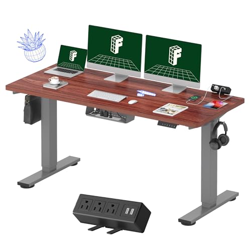 FLEXISPOT EN2 Whole-Piece Standing Desk with Clamp Power Strip, 55 x 28” Electric Stand Up Height Adjustable Desk with Cable Management (Black Frame + 55