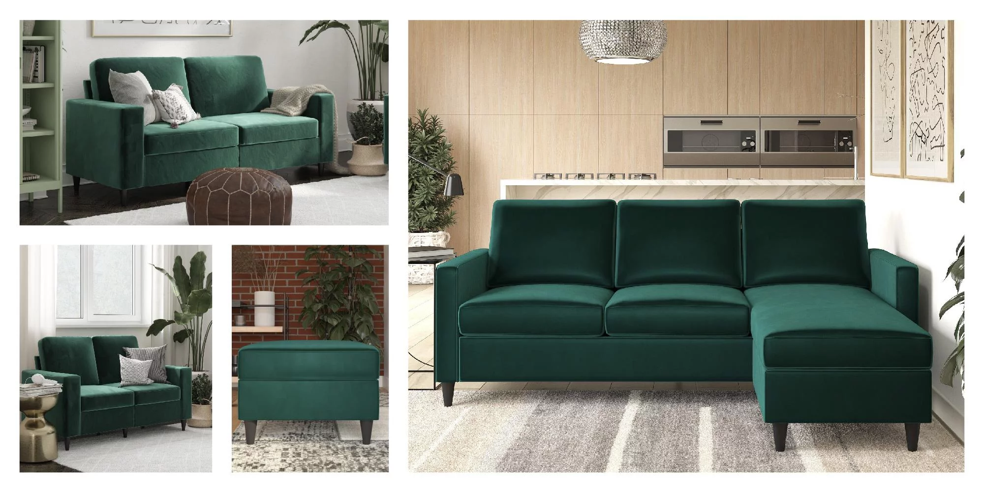 DHP Cooper 3 Seater Sofa, Green Velvet