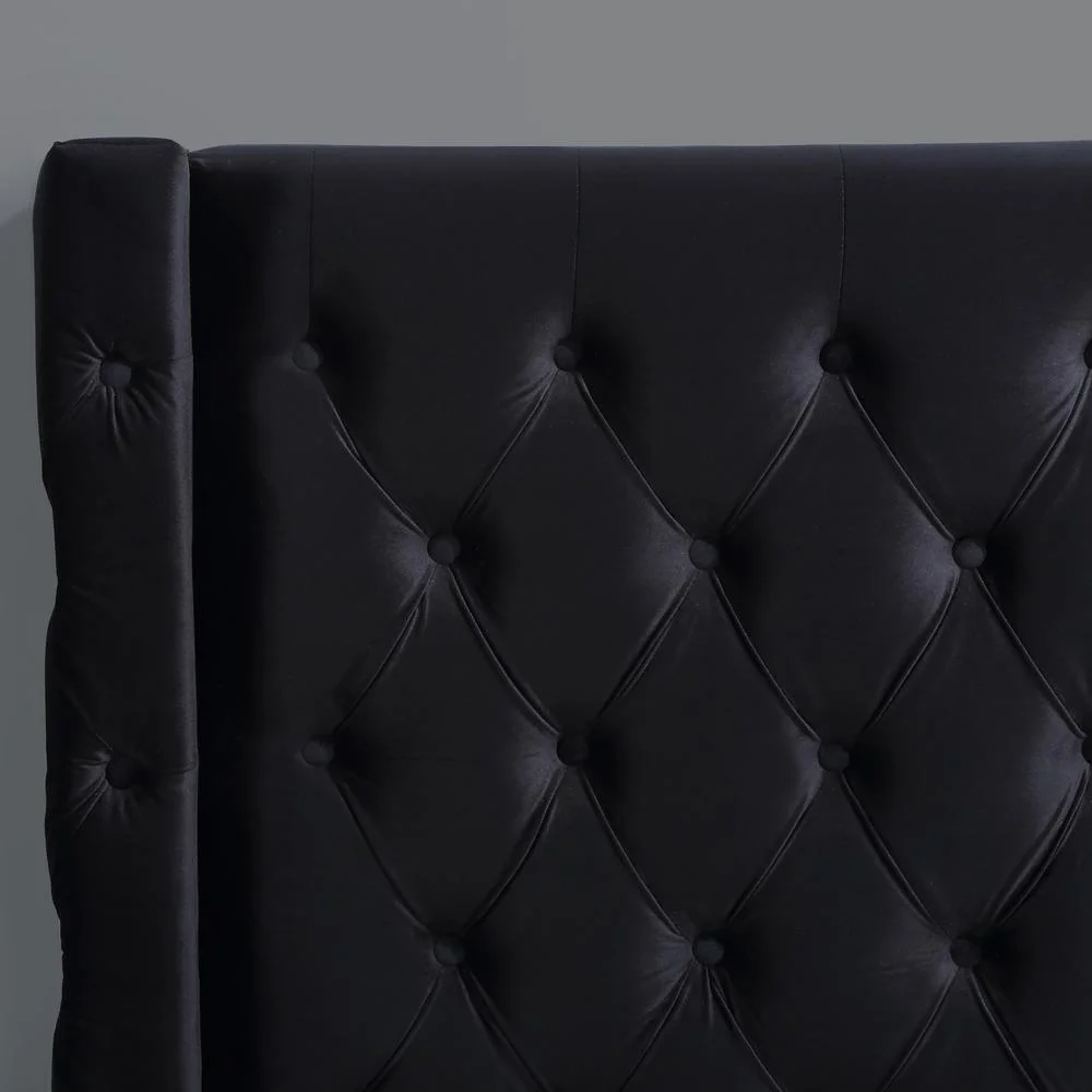 Best Master Wood Frame King Platform Bed with Tufted Velvet Upholstery in Black