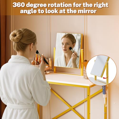 Makeup Vanity Set with 360°Rotating Mirror amd PU Leather Chair, Compact Small Vanity Desk with Side Pocket for small space, Dressing Table for Bedroom, Cheap Gold and White Vanity for Girls and Women