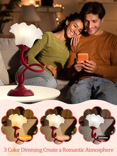 Flower Table Lamp,LED Reading Light Bedside Vintage Flower Night Light,3 Colors Modes Kawaii Bedside Lamps Decor,Living Room Bedroom Room Lighting Table Lamps Home Decoration (Green)