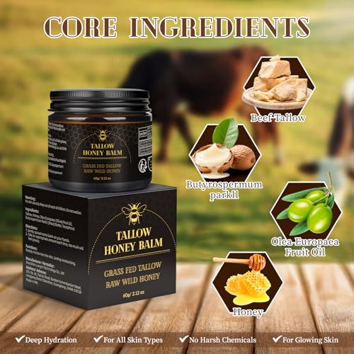 Beef Tallow for Skin,Tallow and Honey Balm,Organic Grass-Fed Beef Tallow Balm with Raw Wild Honey, Face and Body Moisturizer (120g)