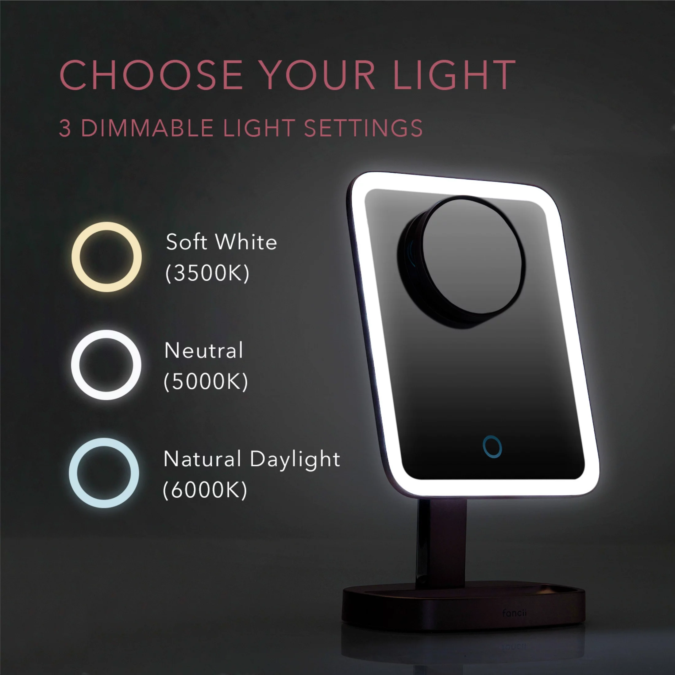 Fancii LED Makeup Vanity Mirror with 3 Light Setting and 15x Magnifying Mirror - Choose Between Soft Warm, Natural Daylight, or Neutral White Lights - Dimmable Cosmetic Mirror - Aura (Rose Gold)