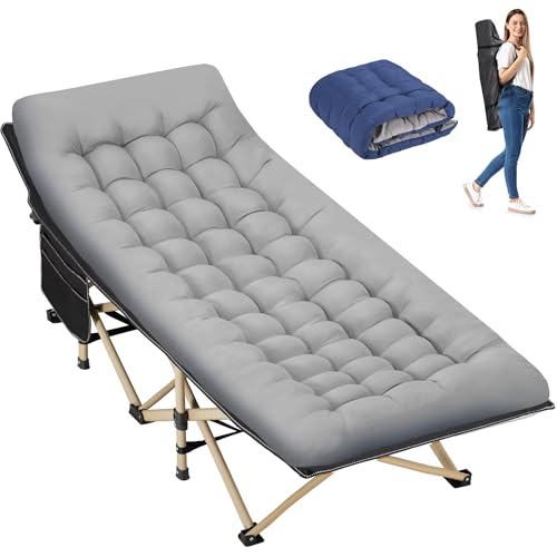 Folding Camping Cot for Sleeping, Portable Cots for Adults, Heavy Duty Cot Bed 550LBS(Max Load), Extra Wider Cots with Large Pocket for Outdoor, Office, Beach