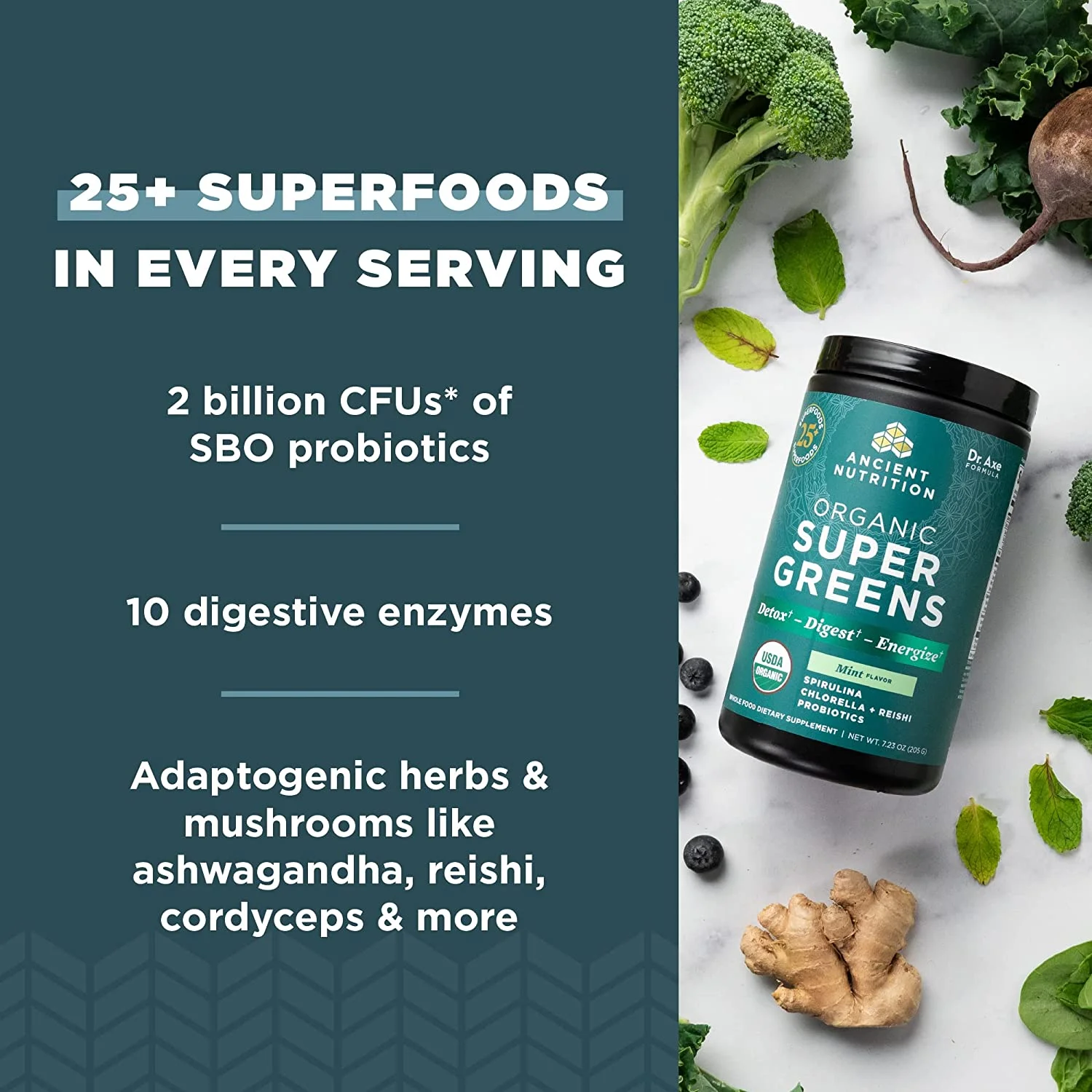 Ancient Nutrition, Organic Super Greens, Mint, 7.23 oz