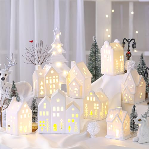 Cindeer 26 Pcs Ceramic Christmas Village Set 8 LED Christmas Village Houses 16 Xmas Trees Farmhouse 2 Lamp Post Scenes Decor White Tabletop Decoration(Elegant)
