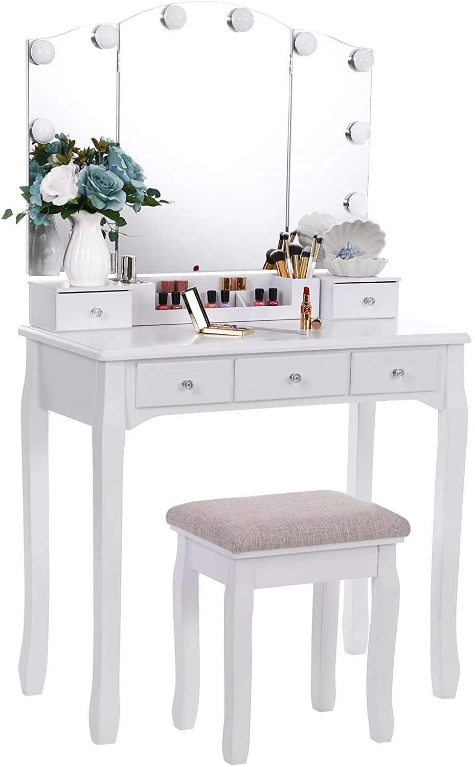 BEWISHOME Vanity Set with Lighted Mirror, Makeup Vanity with Tri-Folding Mirror 10 LED Bulbs, White Vanity Desk Vanity Table with 5 Drawers 2 DIY Dividers, Cushioned Stool, Movable Organizer FST09W