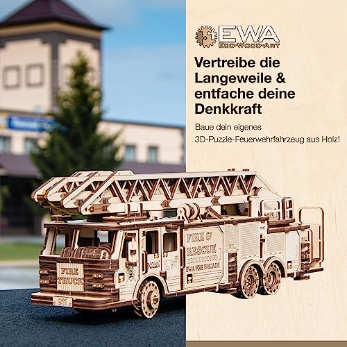 3D Wooden Puzzle - DIY 3D Puzzle Wooden Fire Truck Mechanical Model Kit with Wind Up Mechanism, Adjustable Ladder & More - 3D Puzzles for 15 yrs Above & Adults - Eco Wood Art, 439 Pieces