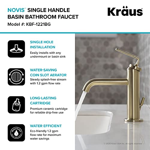 KRAUS Ramus Single Handle Vessel Sink Bathroom Faucet with Pop-Up Drain in Brushed Gold, KVF-1220BG