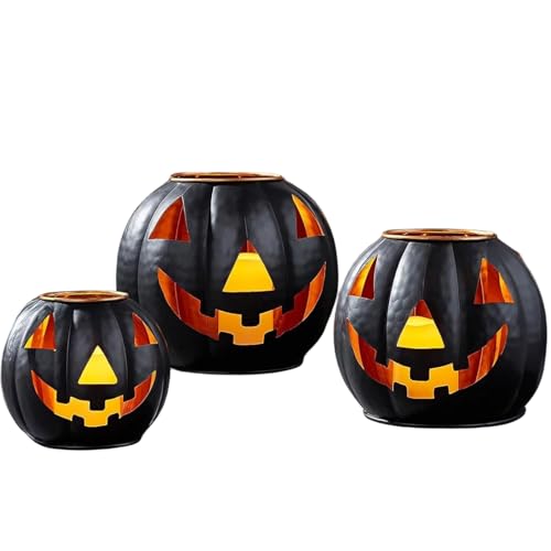Halloween Metal Jack O Lanterns Pumpkin Set of 3 with LED Candles with Creepy Cloth Decoration Bundle - Rustic Indoor/Outdoor Decor