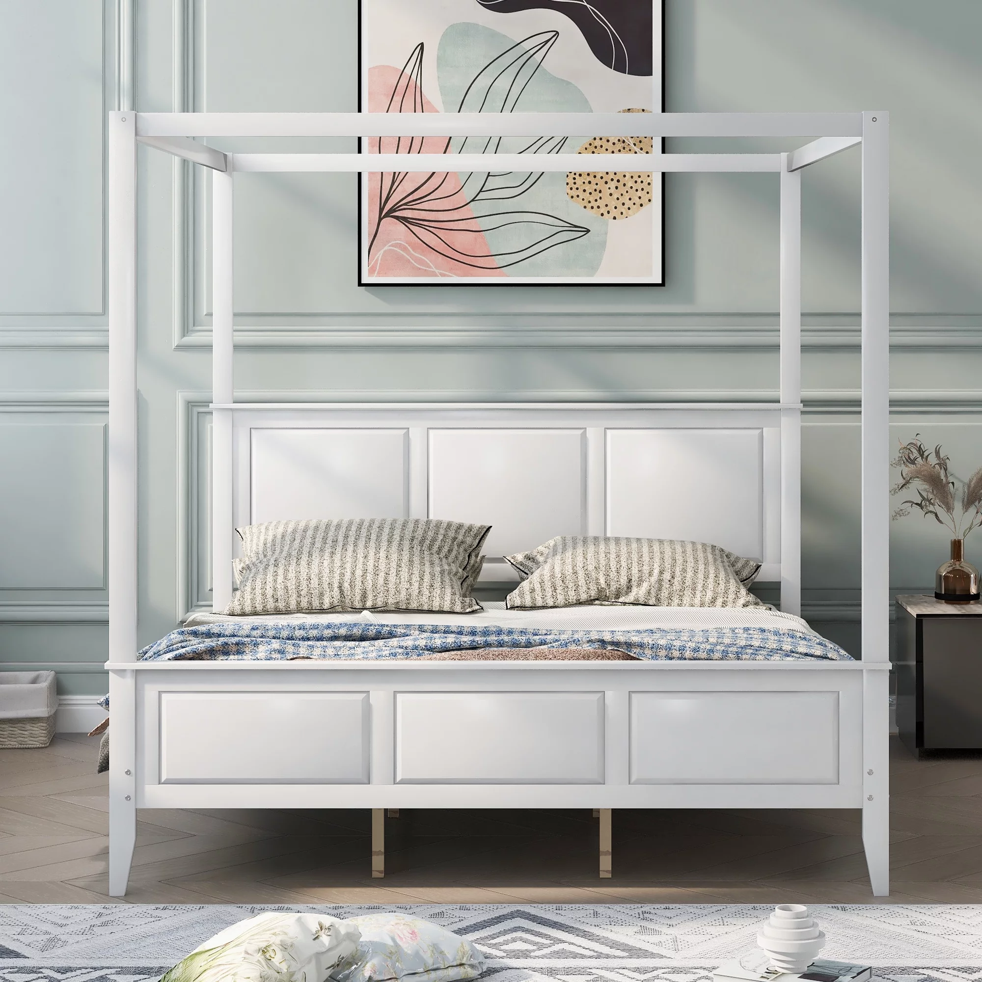 CoSoTower King Size Canopy Platform Bed With Headboard And Footboard, With Slat Support Leg, White