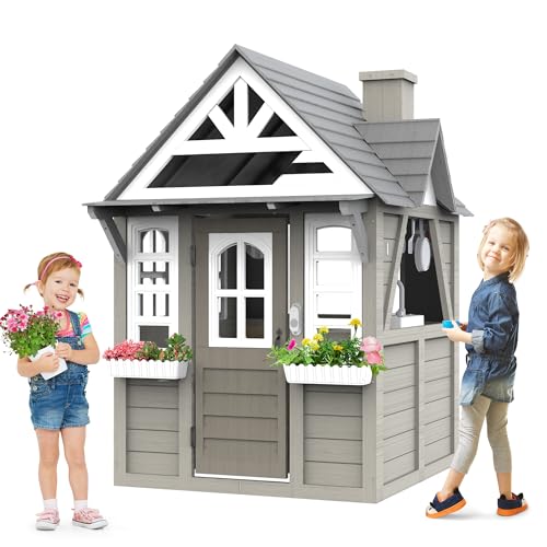 Outdoor Kids Playhouse, All Fir Gray Modern Wooden Playhouse, Indoor and Outdoor Cottage Play House with Sink, Stove, Cookware, Windows, Flowerpot Holders, Working Doorbell, for Kids Ages 3-8