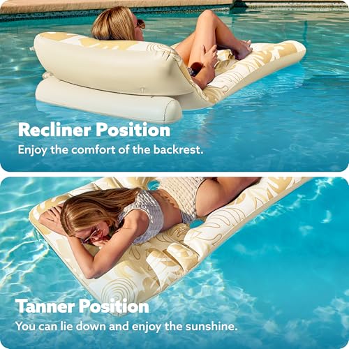 SLOOSH Adjustable Backrest Pool Floats - Tropical Leaves Pool Lounger Floaties Adults with Cup Holders, Inflatable Tanning Float Rafts Chair Beach Lake Lounge Floating Above Water Keep Cool (Blue)
