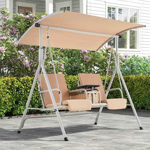 HOMREST 2 Seat Outdoor Porch Swing,Patio Swing with Adjustable Canopy,Heavy Duty 650 LBS Outdoor Swing with Pivot Storage Table & 2 Cup Holders & Cushions for Yard, Lawn, Backyard, (Beige)