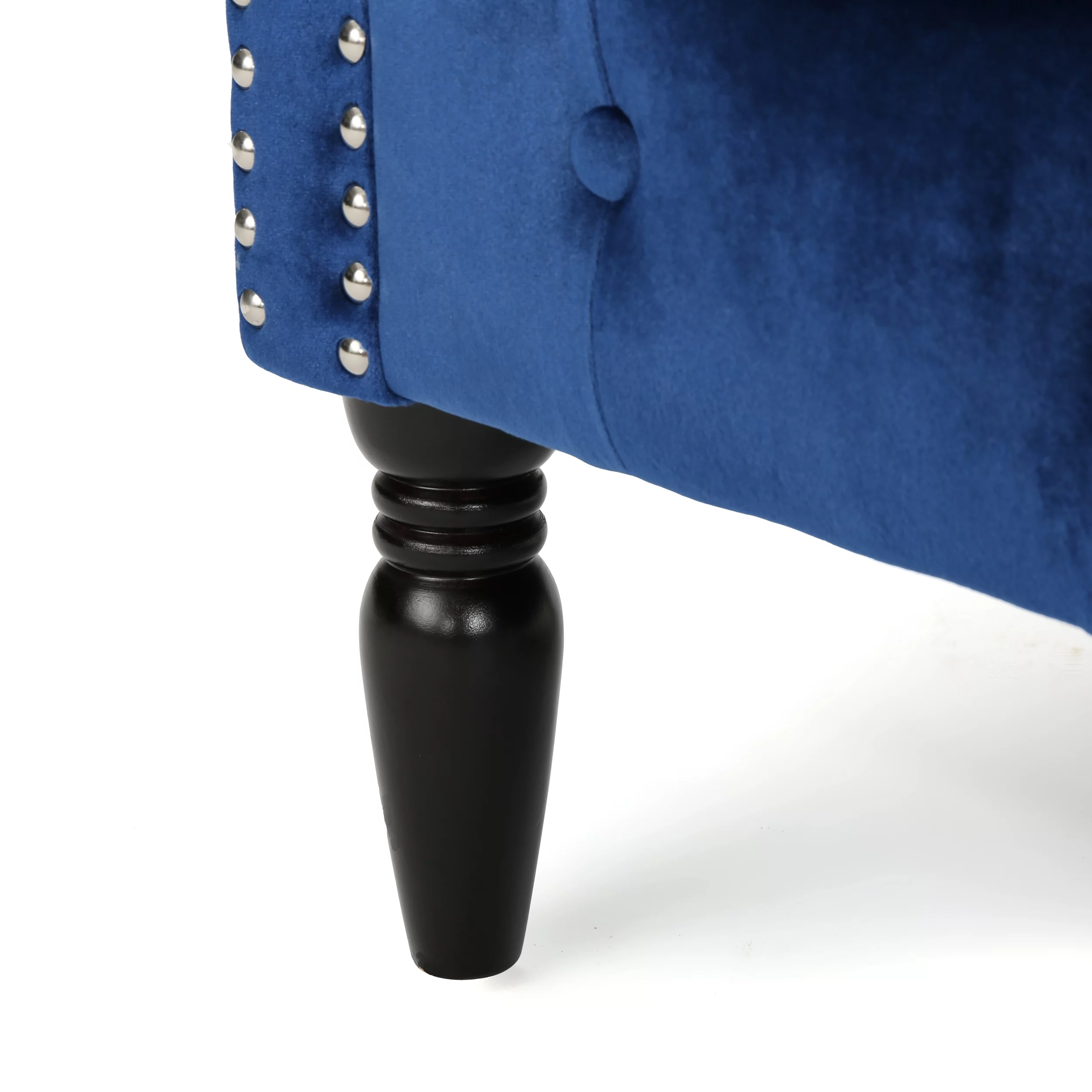 Melaina Tufted Chesterfield Velvet Loveseat with Scrolled Arms, Navy Blue and Dark Brown