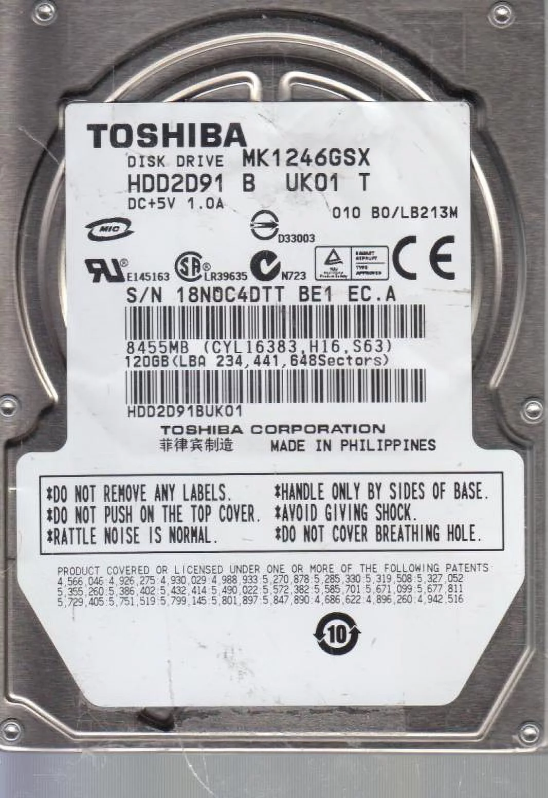 MK1246GSX, B0/LB213M, HDD2D91 B UK01 T, Toshiba 120GB SATA 2.5 Hard Drive