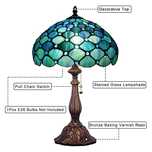 Tiffany Table Lamp Stained Glass Lamp 12X12X19 Inch Antique Reading Light (Sea Blue Pear)