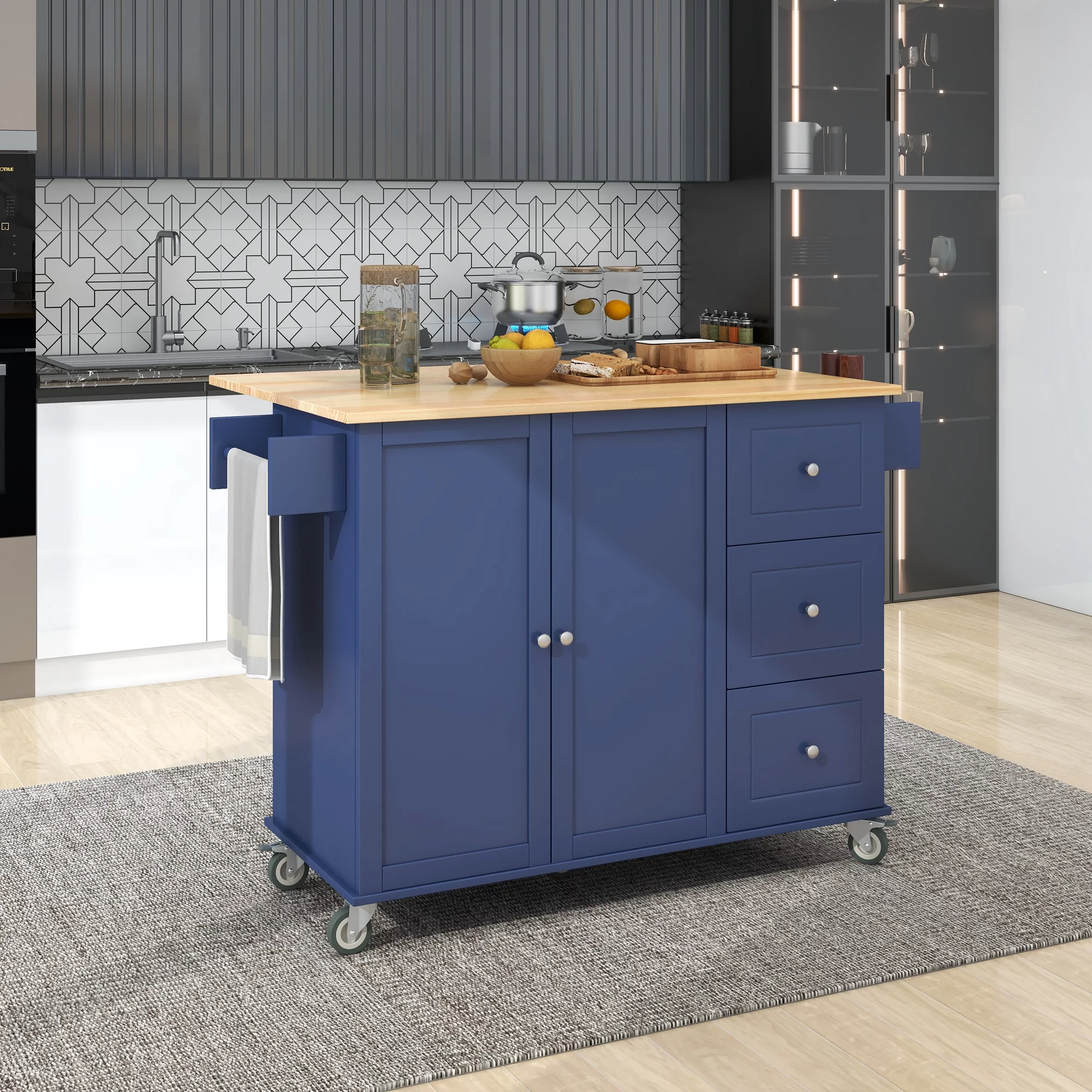 COOKCOK Mobile Kitchen Island Cart,Kitchen Cart with Wood Top and Drop Leaf Breakfast Bar,Rolling 52.7