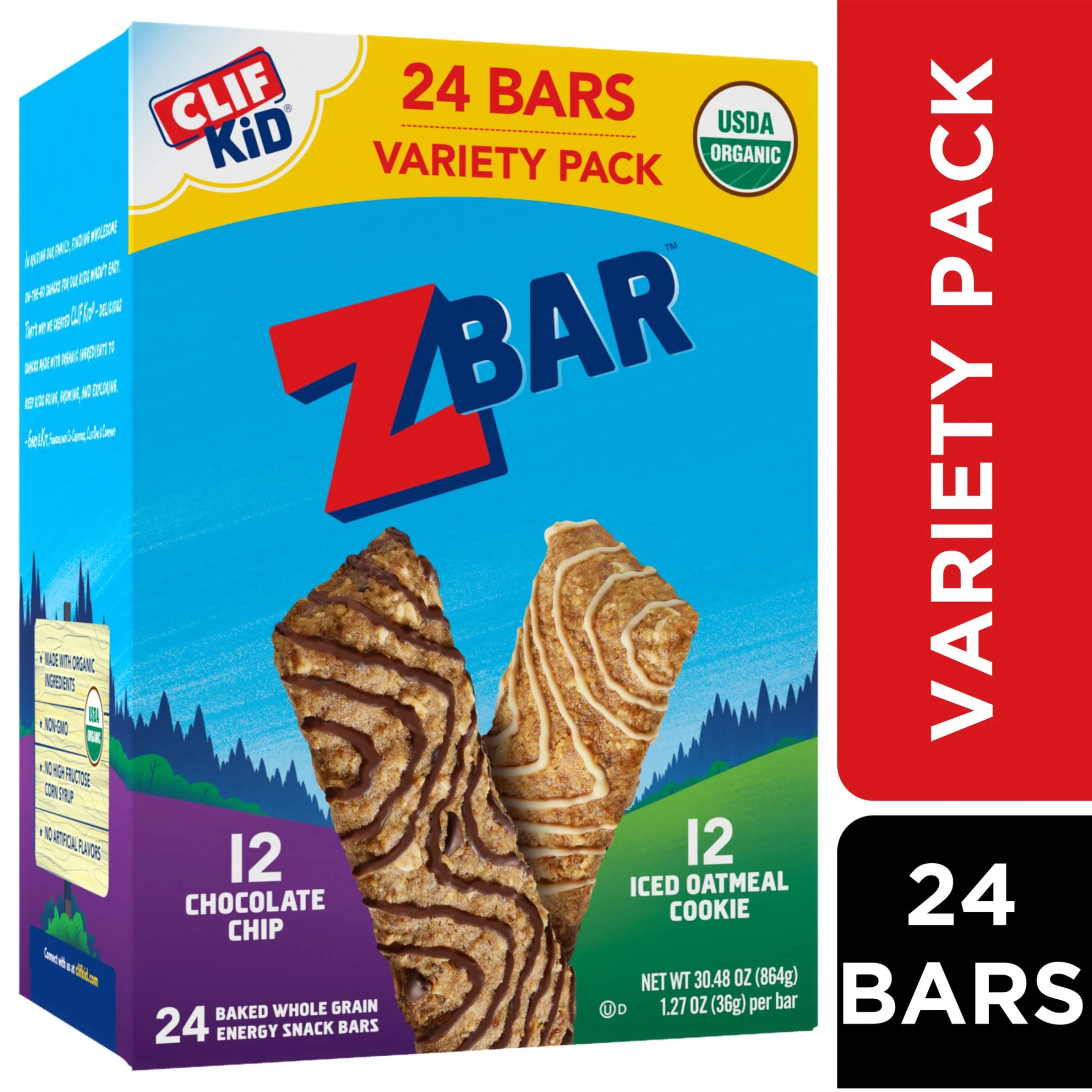 CLIF Kid Zbar - Chocolate Chip and Iced Oatmeal Cookie - Variety Pack - Soft Baked Whole Grain Snack Bars - USDA Organic - Non-GMO - Plant-Based - 1.27 oz. (24 Count)