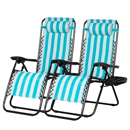 Nazhura Set of 2 Relaxing Recliners Patio Chairs Adjustable Steel Mesh Zero Gravity Lounge Chair Beach Chairs with Pillow and Cup Holder (Dark Green)