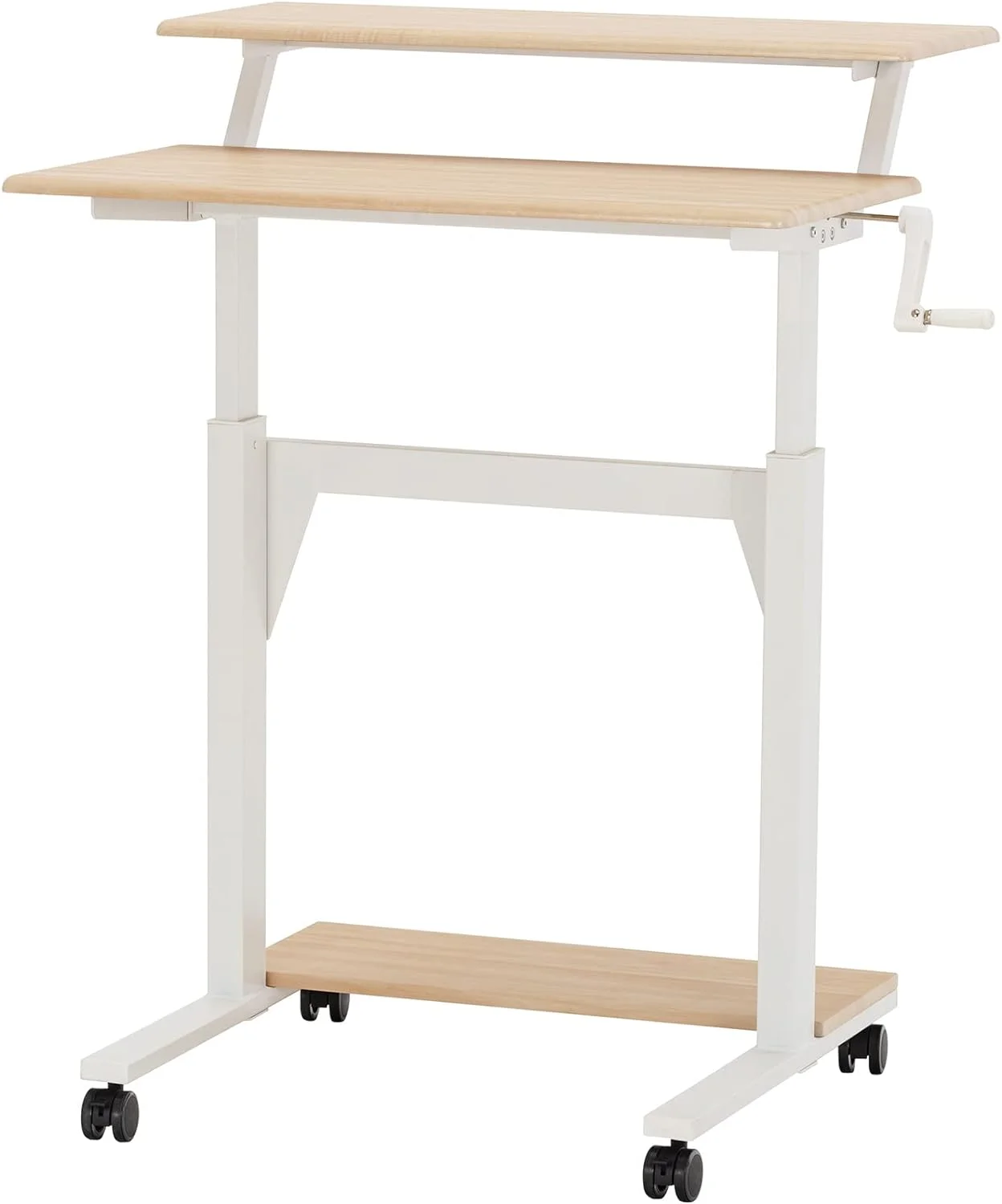 Crank Adjustable Height Standing Desk, 2 Tier Adjustable Sit To Stand Up Desk, Mobile Standing Desk, Rolling Table  (White Frame/Light Oak Top-2T-Crank)