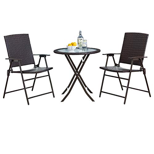 PDTXCLS TOMENGBEIAABBCC Rimba Outdoor 3 Pieces Wicker Folding Bistro Set, Balcony Table and Chairs Sets, Garden Backyard Furniture