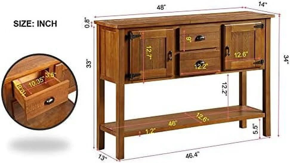 TJUNBOLIFE 48 Inch Console Table with 2 Drawers and Cabinets and Bottom  Retro Style Solid Wood Sideboard  Dining Buffet Server Cabinet for Living Room Kitchen Dining Room(Brown)