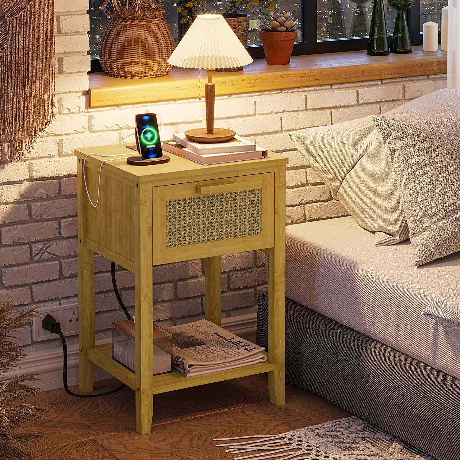 EPHEX Nightstands, Rattan Nightstands with Charging Station and Drawer, Solid Wood Bedside Tables with Open Shelf, Bamboo